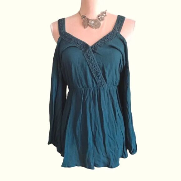 Torrid Teal Gauze Lace Trim Long Sleeve Cold Shoulder Peplum Blouse 2X NWT - Picture 2 of 15